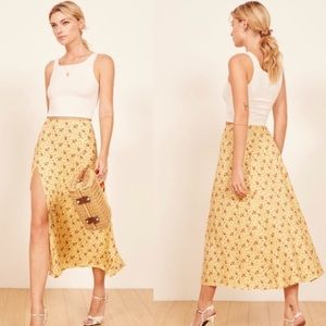 Reformation high waisted yellow floral midi skirt